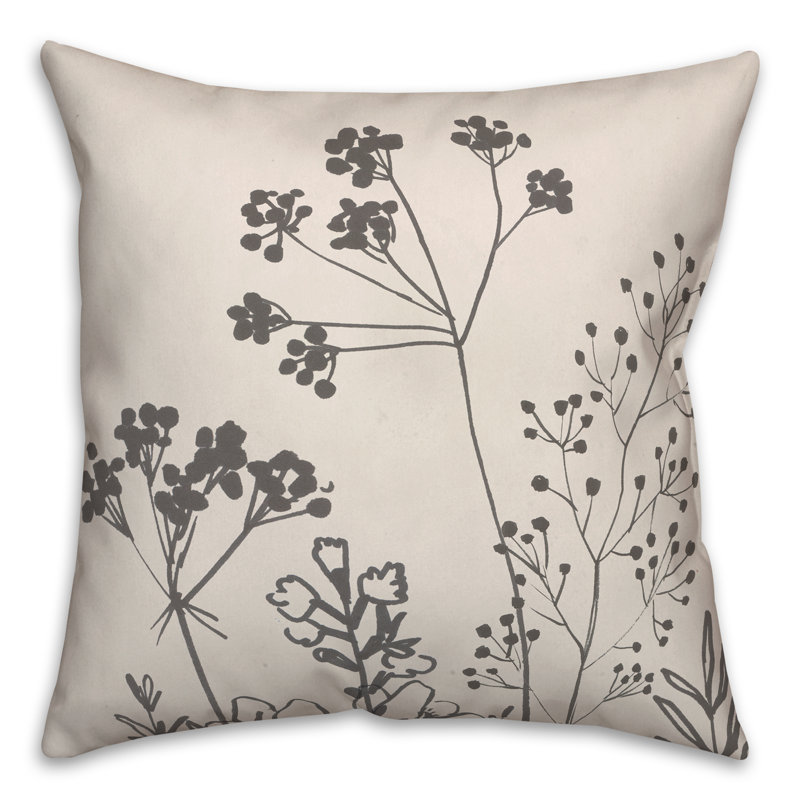 Beige and Black Floral Print Square Throw Pillow