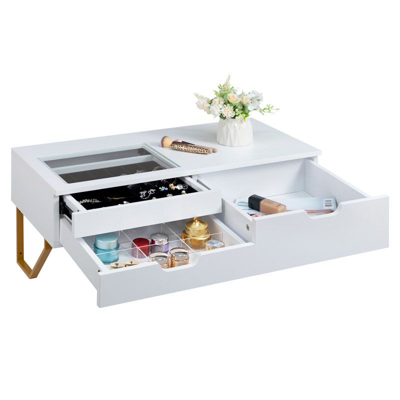 White Wall-Mounted Dressing Table with Glass Inset Panel and Jewellery Drawer