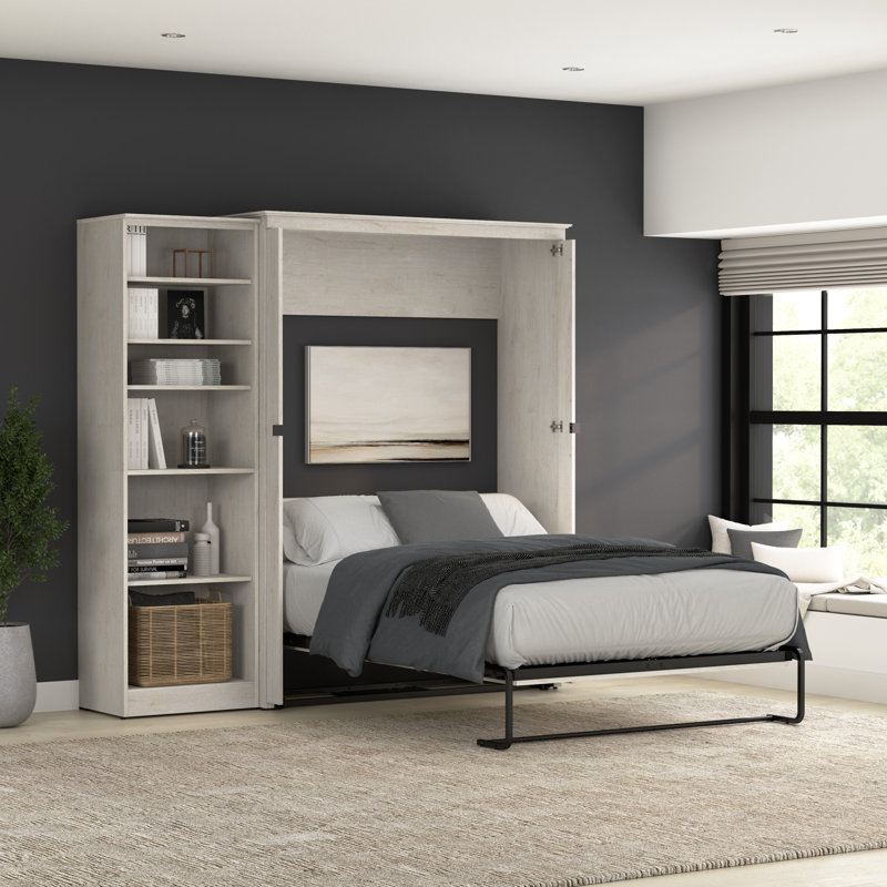 Grand lit escamotable avec rangement pour garde-robe (94 W), Chêne blanc lin, Queen