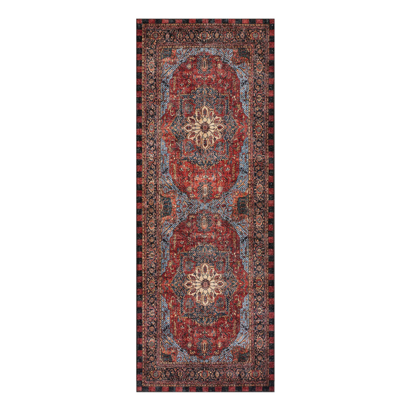 Heriz Checked Red Washable Rug, Runner 2'6" x 8'