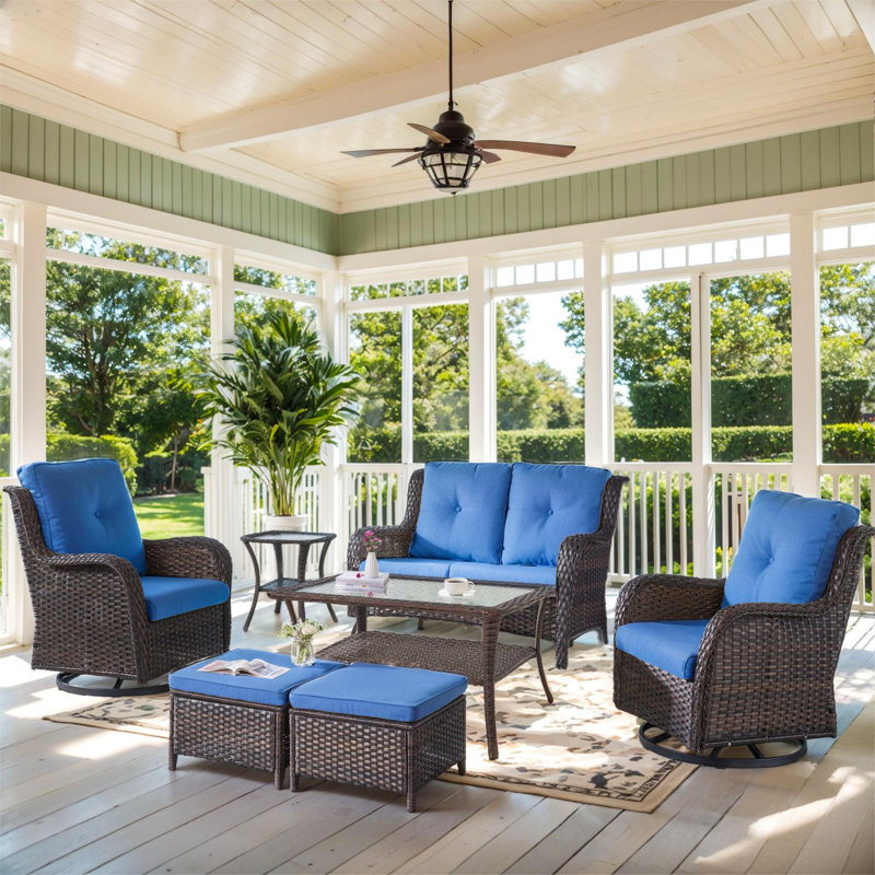 Carolina 7-Piece Square Outdoor Conversation Set With Loveseat And Swivel Glide Chair, Blue