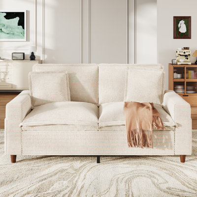 59" Square Arm Corduroy 2 Seat Sofa Couch Solid Wood Frame with Convenient Storage Pocket,Corduroy Cloud Sofa Couch for Apartment,Beige