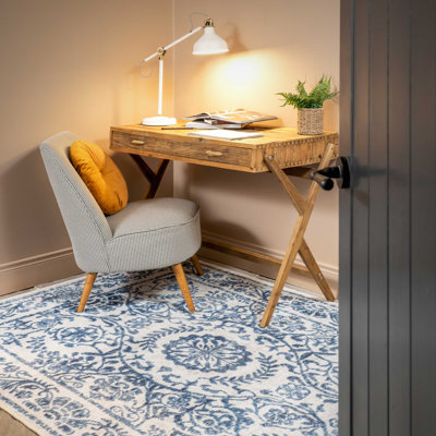 Machine Washable Beige Blue Traditional Damask Style Distressed Living Room Area Rug