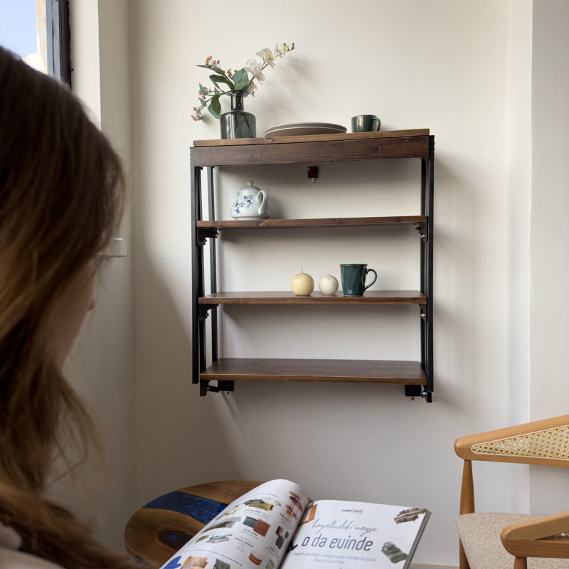 Multi-Functional Murphy Wall Table with Bookshelf – Space-Saving Foldable Table for Small Spaces, Tiny Homes & Caravans