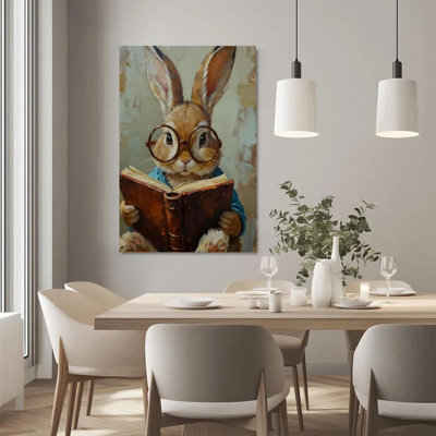 Plat en 2 dimensions, art mural sur toile encadré 1pc, lecture de lapin, verres ronds et livres anciens, impression sur toile réaliste, reproduction d'art sur toile, décoration murale, cadeau idéal pour chambre à coucher, vestibule, prêt à accrocher