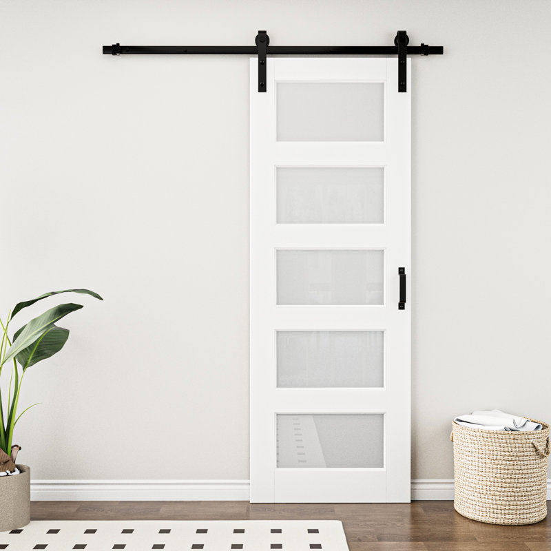 Porte coulissante de style grange, 5 carreaux, 80 po H, panneaux de verre et de bois, apprêt blanc, avec trousse de quincaillerie d'installation (aucun assemblage requis), fermeture amortie