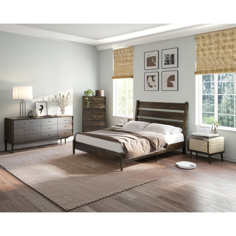 Dark Brown Pine Queen Bed Frame with Slatted Headboard