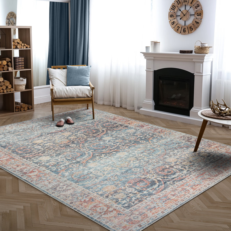 Tapis traditionnel lavable antidérapant bleu océan / brique, Rectangle 9 pi x 12 pi