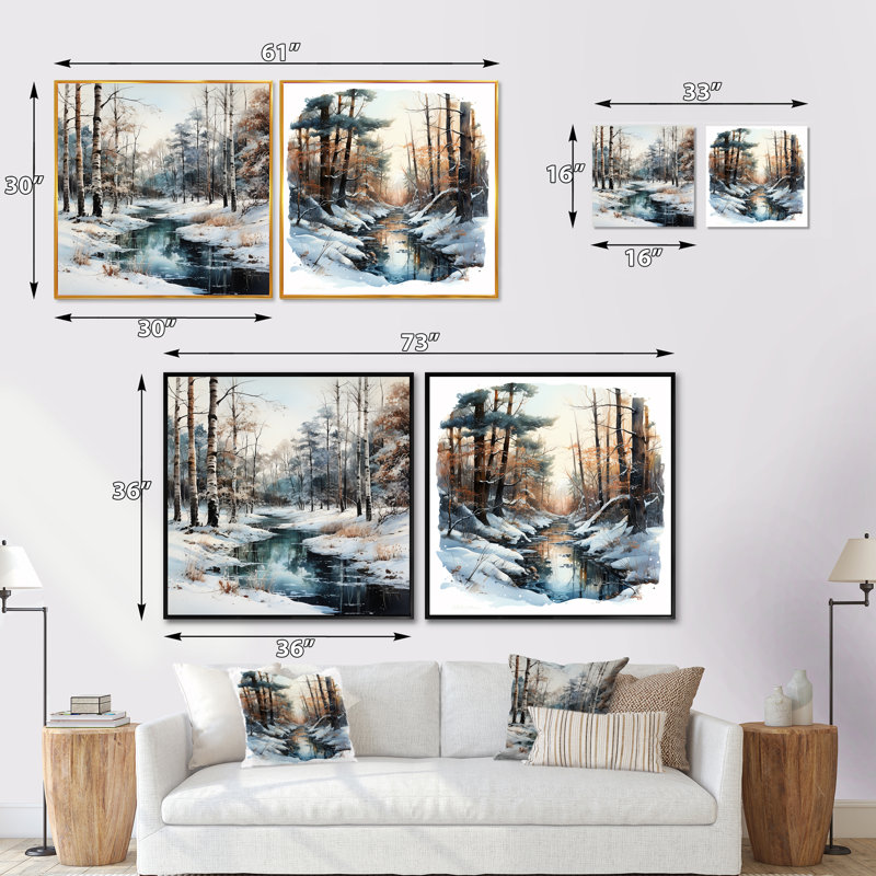 Rivière en forêt, paysage d'hiver - ensemble de 2 carrés de forêt, Cadre flottant noir, H 36 po x l 73 po