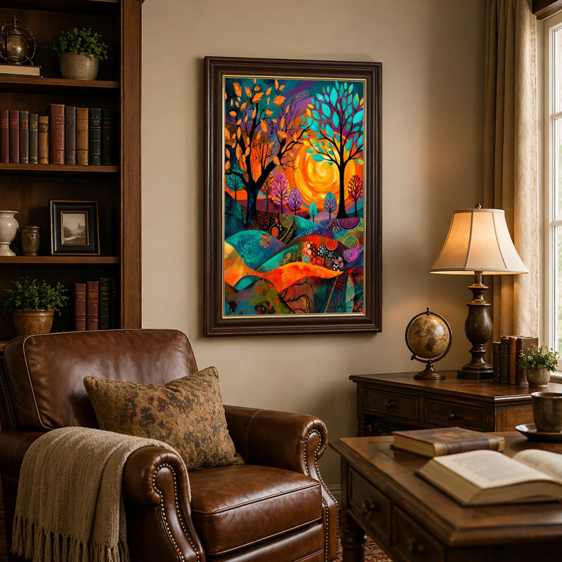Art abstrait sur toile, paysage abstrait avec arbres colorés et Rolling Hills, 18"H x 12"W