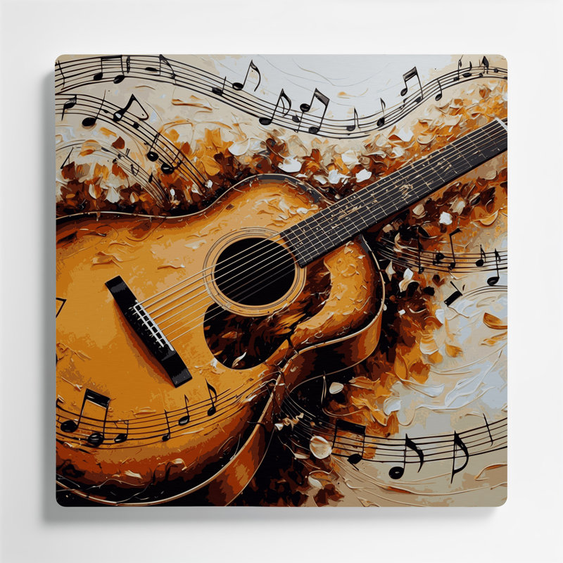 «Music», guitare acoustique, art mural en métal beige, H 16 po x l 16 po