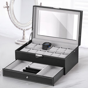 12 Slot Watch Black Leather Jewelry Box Lockable Jewelry Case