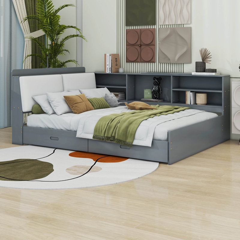 Full Size Platform Bed Daybed With L-Shaped Storage Shelves And Upholstered Headboard, 2 Drawers And Rotatable Storage Board