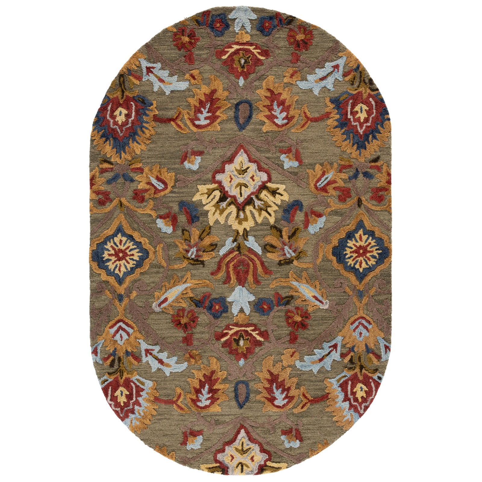 Tansy Handmade Wool Green / Multi Rug, Oval 5' x 8'