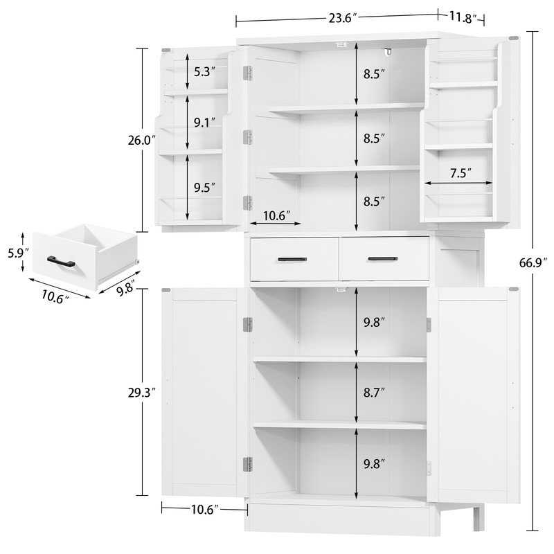 Armoire de cuisine avec 2 tiroirs, armoire de rangement avec portes de grange, blanc