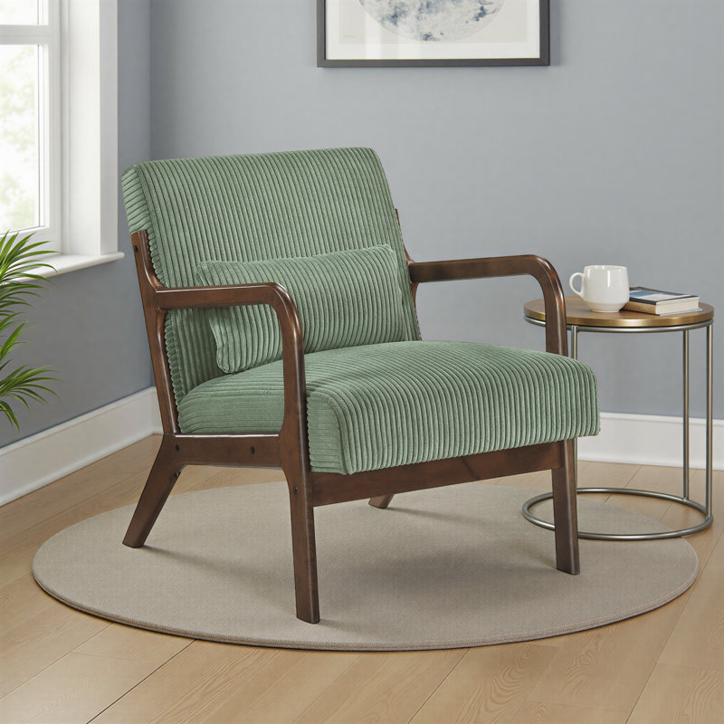 Cadence 23" Mid-Century Modern Accent Chair with Solid Rubber Wood Frame, Corduroy Fabric & Matching Lumbar Pillow