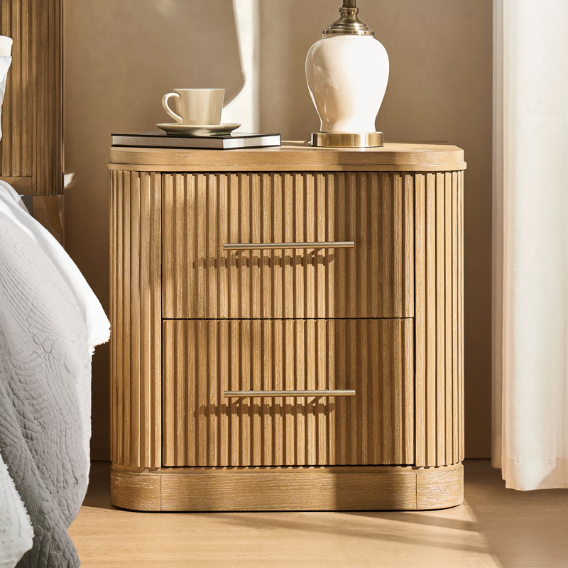 Graciana Modern 26''W 2-Drawer Fluted Nightstand with Built-in Power Strip and Minimal Assembly, Natural