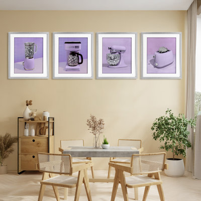 Ensemble d'ustensiles de cuisine disco en mauve, ensemble de 4 impressions encadrées sous verre, design par Lish Creative