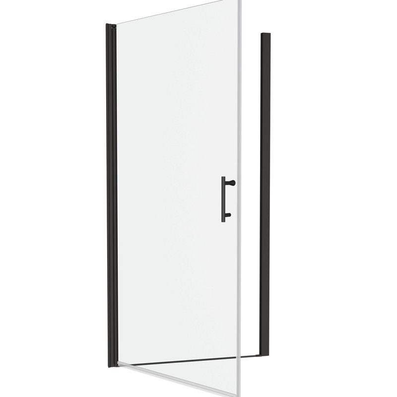Porte de douche pivotante noire matte. Verre trempé de 1/4 po, réglable de 1 3/8 po, évalué 36 000 fois, indicateur de signal de fuite évalué,