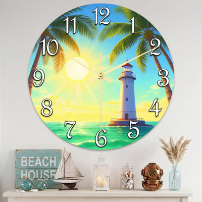 Landscape & Nature Tropical Sunset Lighthouse Palm Trees Ocean Sky Clock Face Ultra Clear Glass