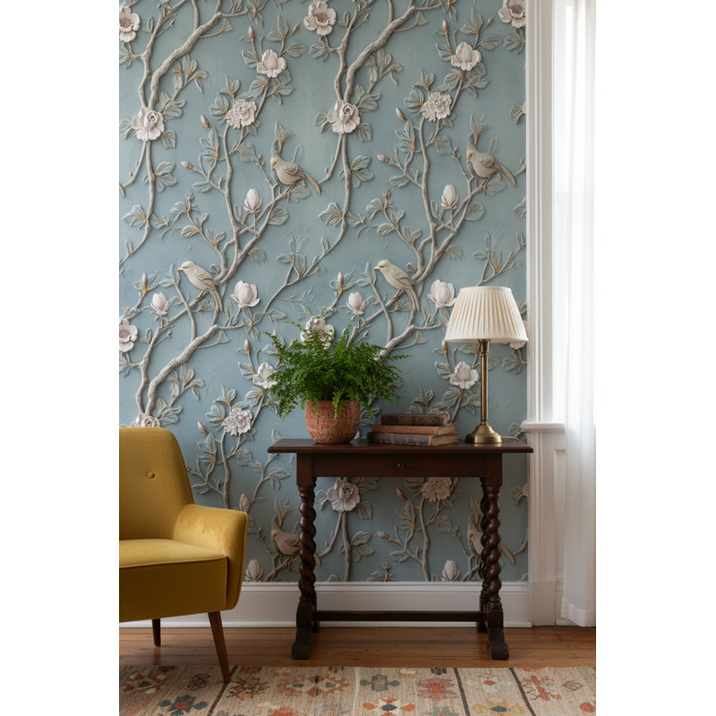 Papier peint floral branches d'oiseaux
