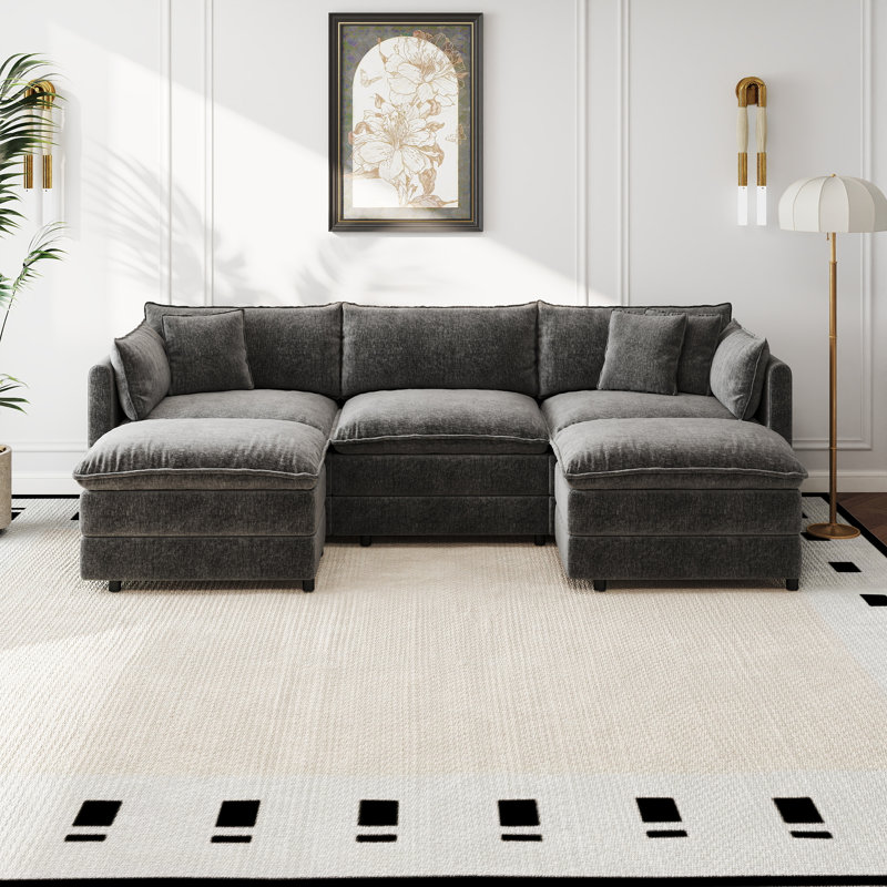 Canapé-lit en chenille moderne avec repose-pieds, Gris chenille, H 33,85 po x l 112,2 po x P 35,82 po