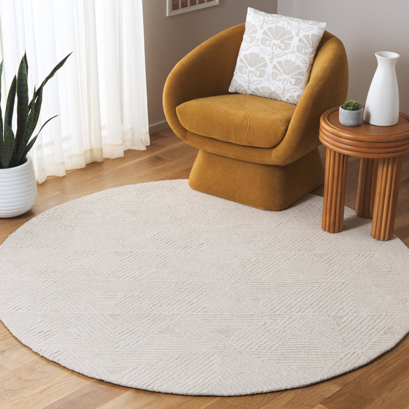 Eulamae Ebony Hand Tufted Wool/Cotton Geometric Rug in Ivory/Beige, Round 6'