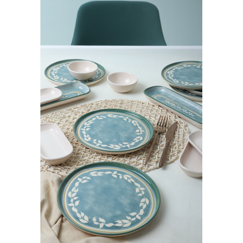 Ensemble de petit déjeuner 14 pièces, grès crème, antibactérien et écologique | Comprend (2) 10,2 plateaux, (2) 6,3 plateaux, (6) 8,7 assiettes à gâteau, (4) bols à sauce 5,1 | Facile à nettoyer, va au lave-vaisselle et au micro-ondes, conception durable