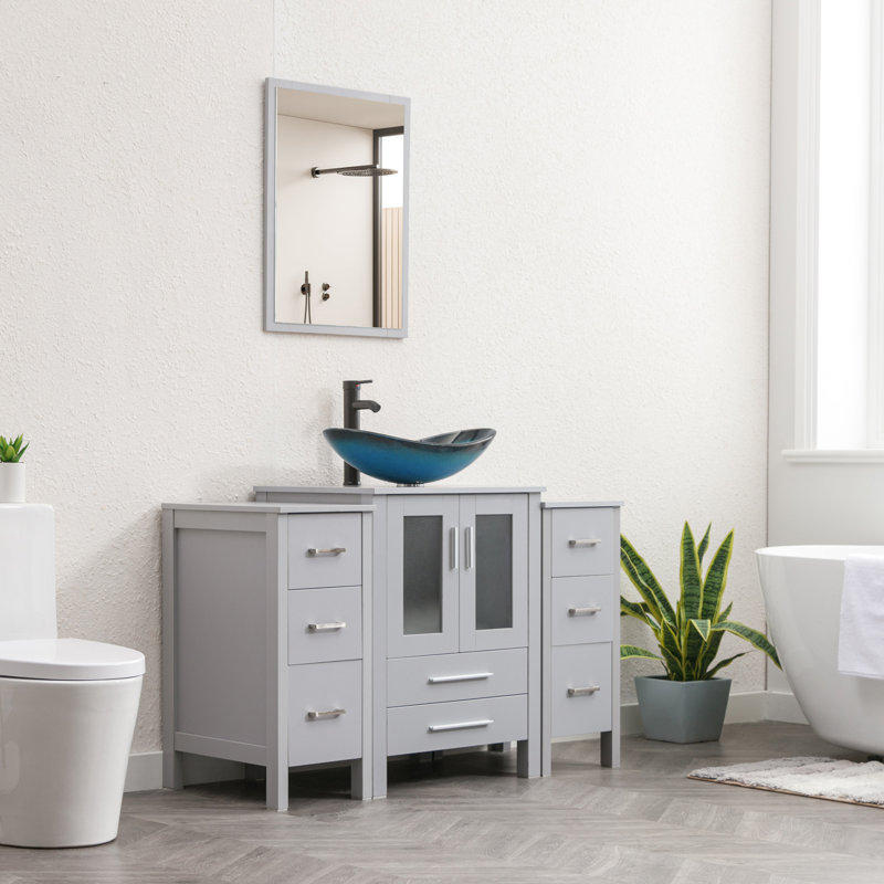 Boleslavas 48" Single Bathroom Vanity Set with Manufactured Wood Top, Vessel Sink, Faucet, Drain, Gray
