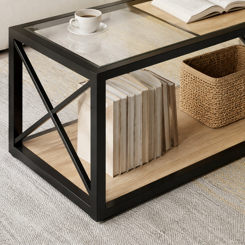 Table basse moderne avec dessus en verre trempé et bois naturel MDF pour salon et chambre