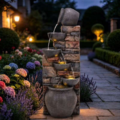  Fontaine d'extérieur 45 "à 5 niveaux avec pierres en cascade et pot en argile résistant aux intempéries avec lumières DEL - gris