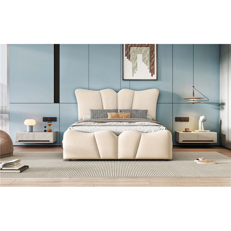 Lit plateforme tapissier en velours, Beige, Simple