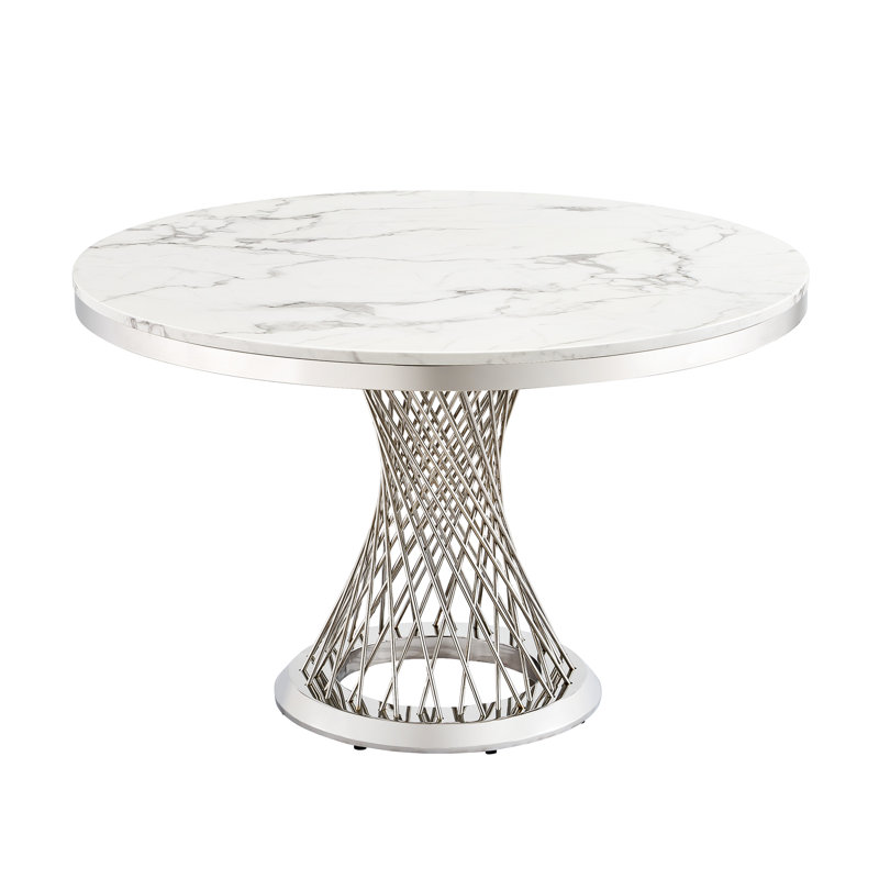 Table ronde de 47 po pour la conférence et le bureau, avec base en acier inoxydable poli miroir 8k à effet marbré, argent et blanc, diamètre de salle à manger de 45,68 pouces