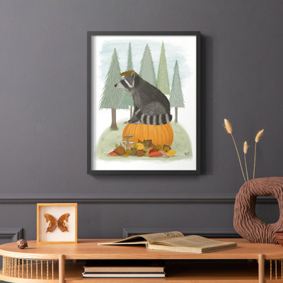 «Raccoon On Pumpkin», reproduction encadrée - bois massif