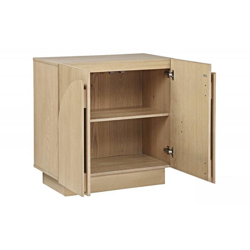 Armoire décorative Mid-Century en chêne moderne pour le salon, couleur, portes arquées et tablettes avec design, aspect à bords arrondis, assemblage simple