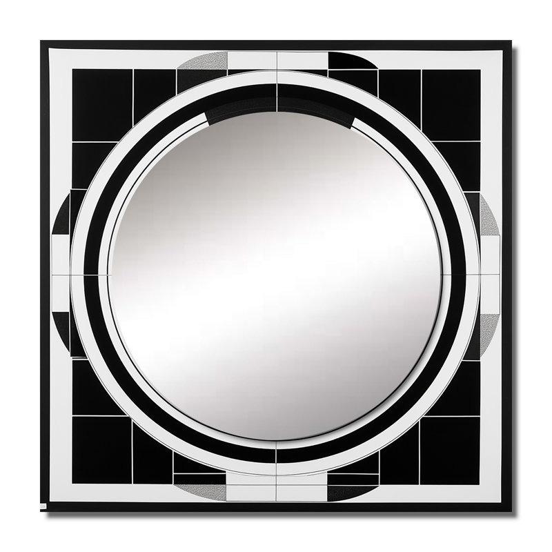 Bauhaus noir et blanc circulaire minimaliste - grand miroir géométrique carré pour décoration murale, 23 po x 23 po