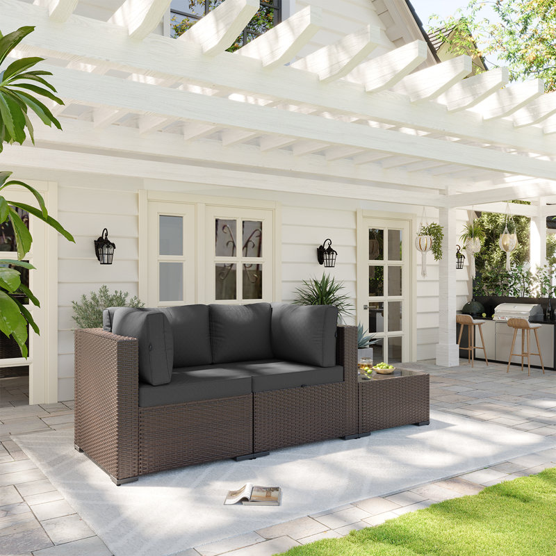 3 -Person Rattan Patio Safo With Cushions, Brown, Gray