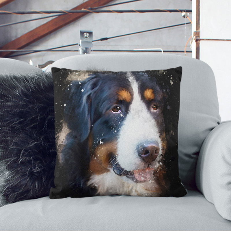 Bermese Mountain Dog Paint Splash Square Throw Cushion, 55cm H x 55cm W x 20cm D, Black
