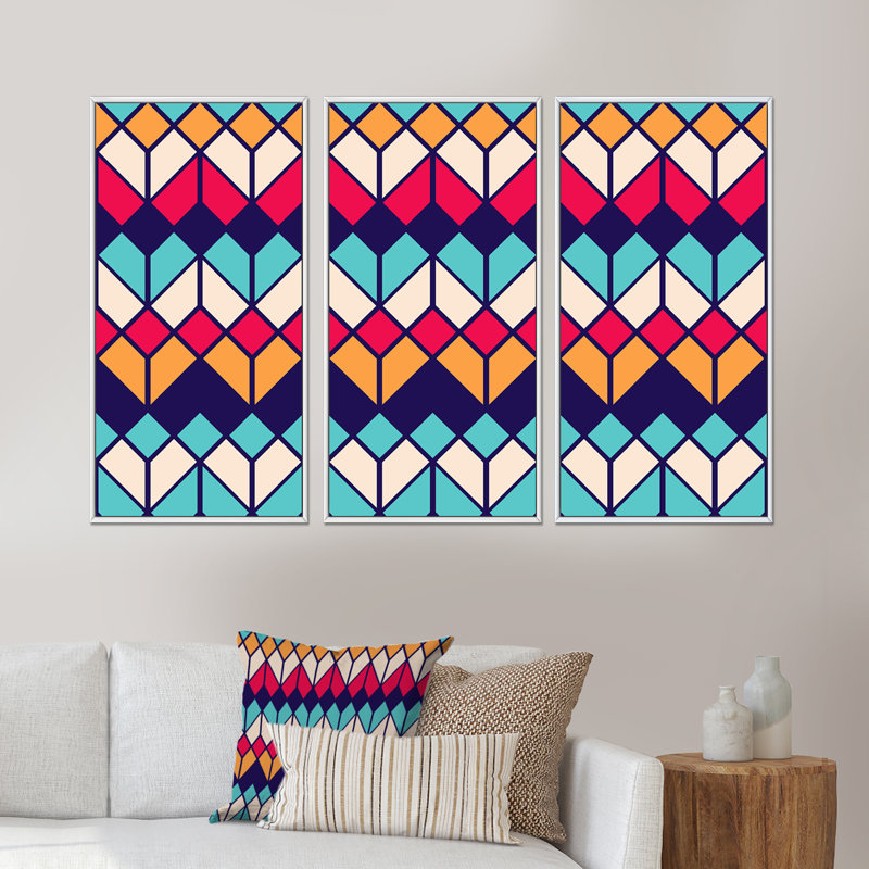 «Rhombus Geometrics In Retro Colors II», ensemble de 3 reproductions d'art encadrées sur toile, H 28 po x l 36 po x P 1 po