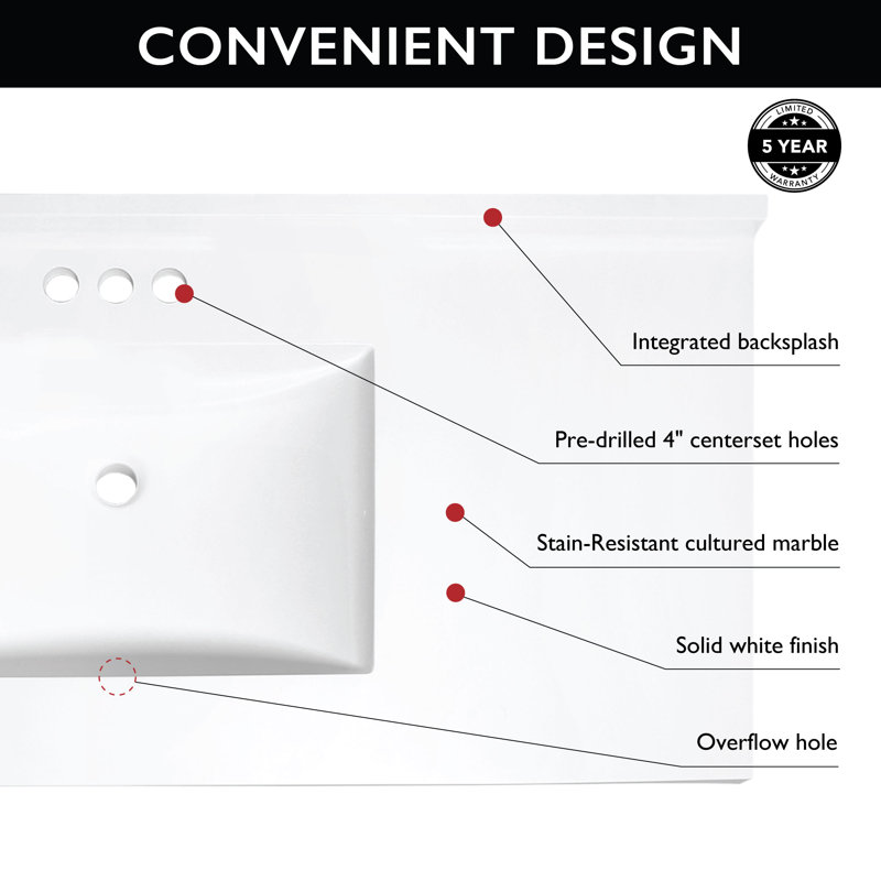 49-Inch Solid White Cultured Marble Vanity Top with Integrated Sink and Backsplash