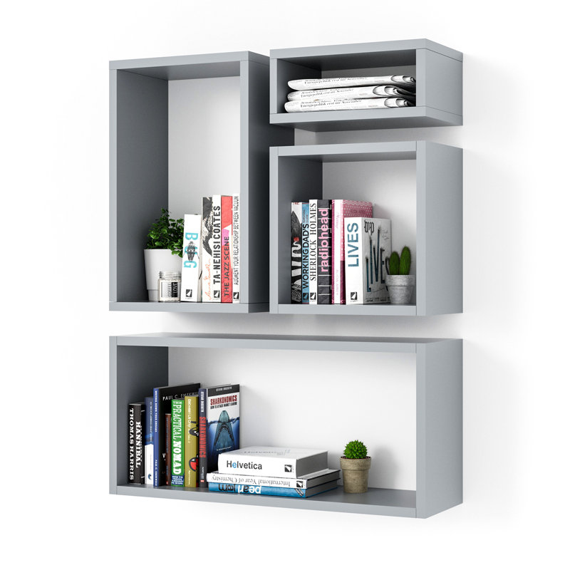  Wall Mount Cube Shelf Set Of 4, Floating Cube Shelves For Space Discovery, Gray, Gray