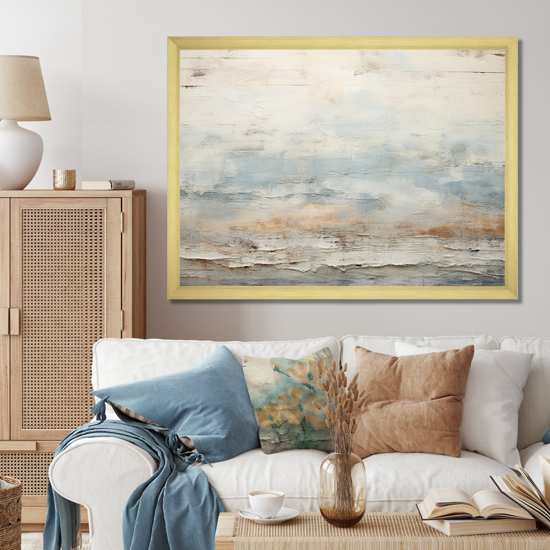 «Beige Blue Ocean Storm», reproduction d'art sur toile, formes abstraites, Cadre doré simple, H 12 po x l 20 po x P 1 po