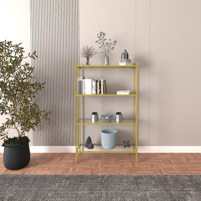 Bibliothèque moderne en or avec verre trempé | 31,5 po x 49,6 po x 11,8 po | Pieds en métal robustes (0,6 x 0,6 po) | Design élégant pour la maison ou le bureau | Solution de rangement durable et élégante pour les livres et la décoration