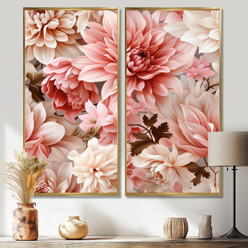 Œillets roses et blancs épanouis - 2 pièces murales roses, 20" H x 24" W, Impression encadrée flottante, Gold