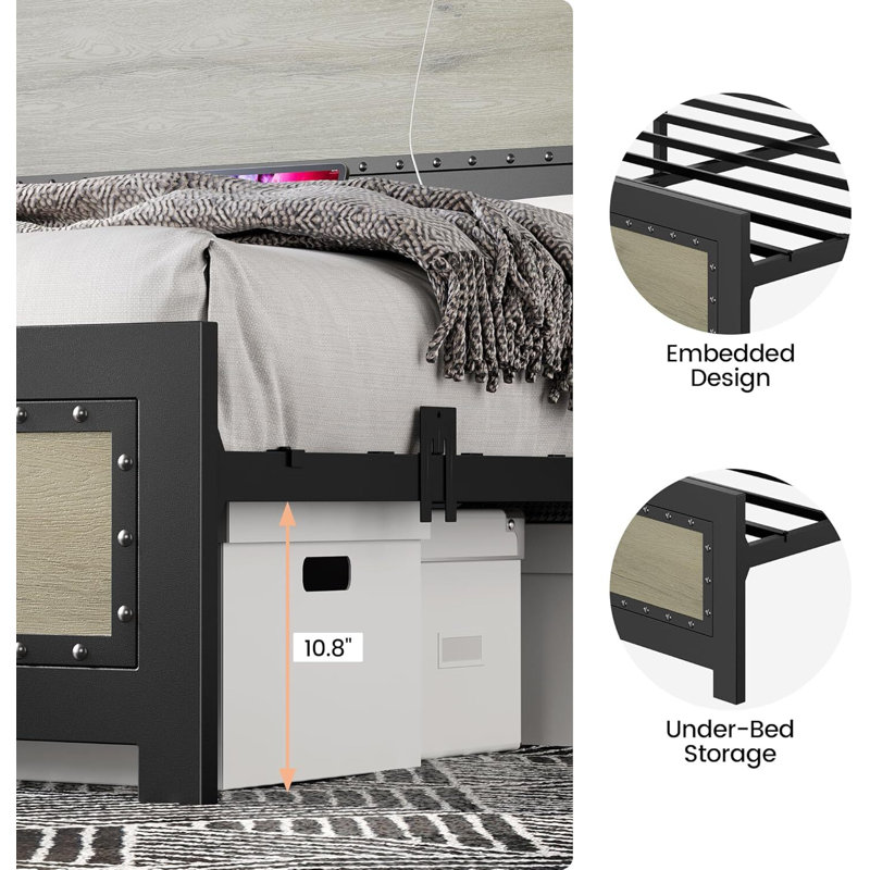 Industrial Platform Bed Frame With Charge Station, No Box Spring Needed, Full, Light Gray