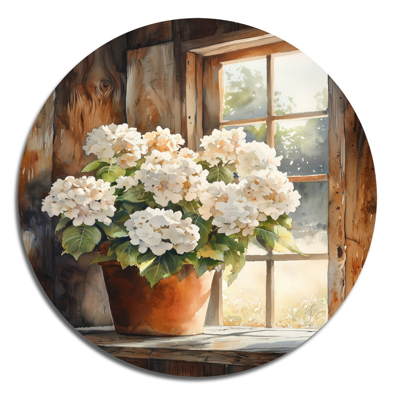 Hortensias dans la basse-cour - hydrangées, art mural rond en métal blanc traditionnel, H 29 po x l 29 po