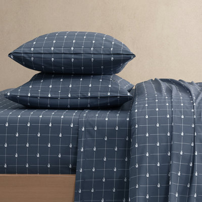 Lacoste Slice Cotton Percale Sheet Set, Cooling & Breathable Bedding, Deep Pocket Fitted Sheet, Vintage Indigo, King