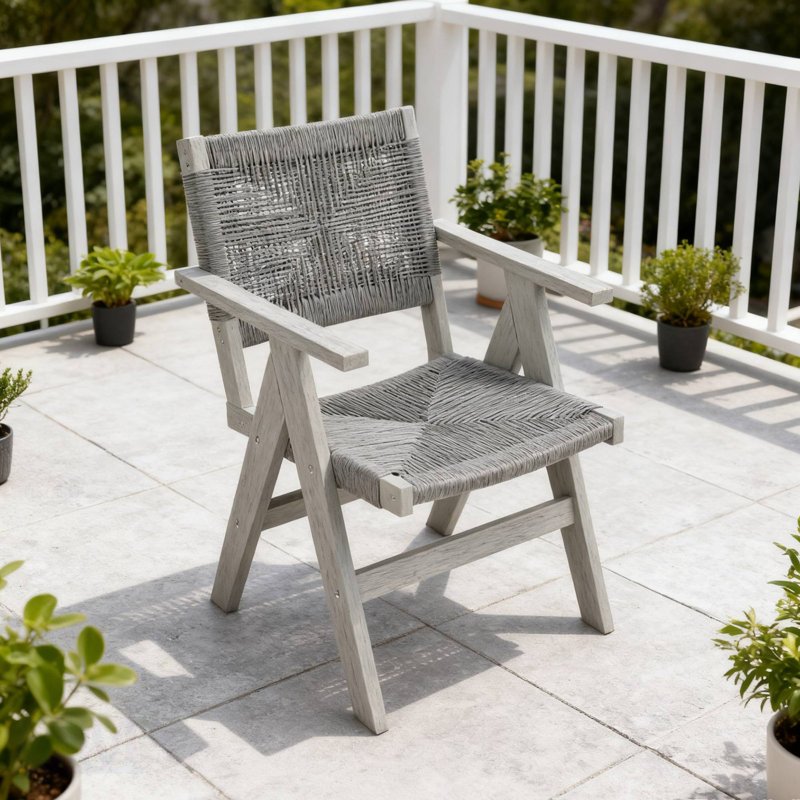 HIPS All-Season Dining Chair With Natural Woven Seat And Ergonomic Armrests For Outdoor And Indoor Use, Light Gray