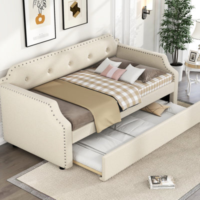 Upholstered Daybed With Trundle, Beige Linen, Twin For Guest Rooms Slat Support And Trundle