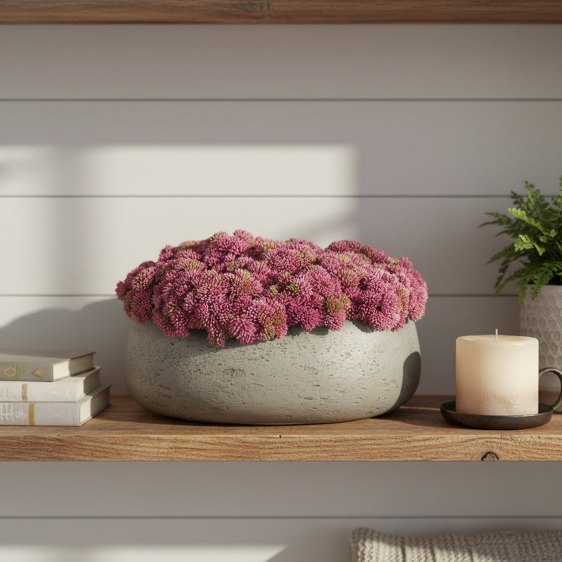 Sedum disposée en pot de fibres, Gris, Rose
